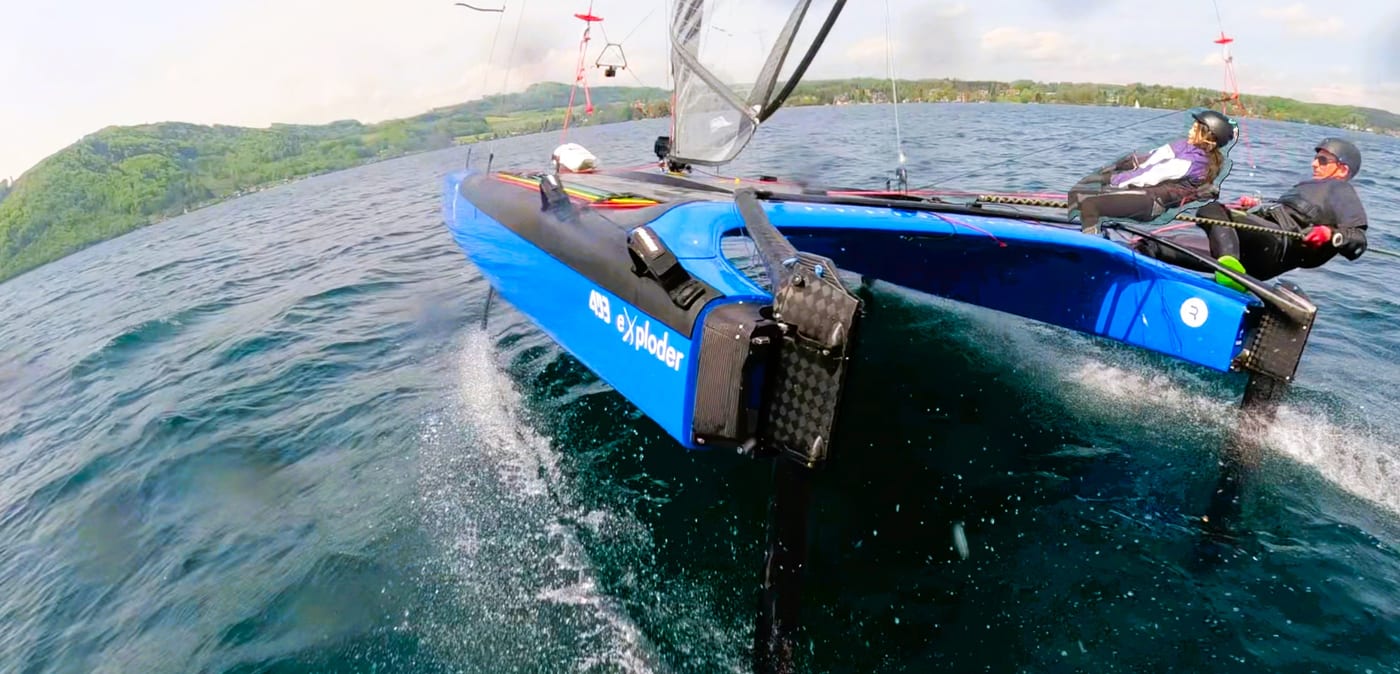 Early mockup of a two-person foiling catamaran based on an A-Class hull