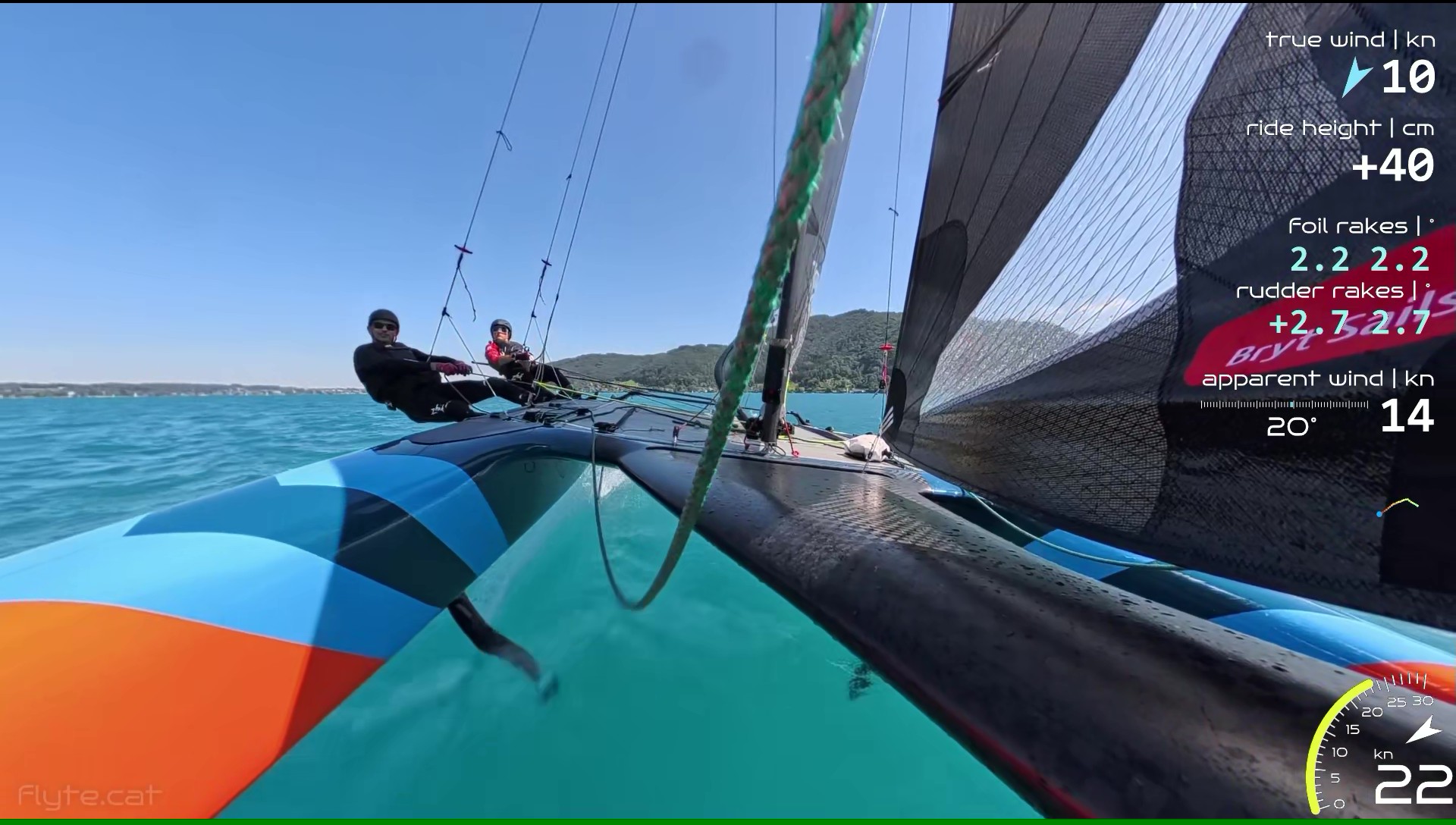 Flyte foiling with live speed and wind telemetry overlaid