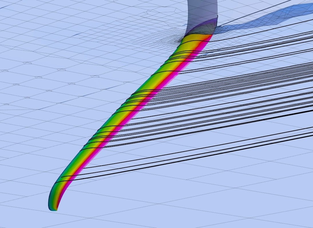 CFD streamlines around the main foil used for Flyte lift-based rake control